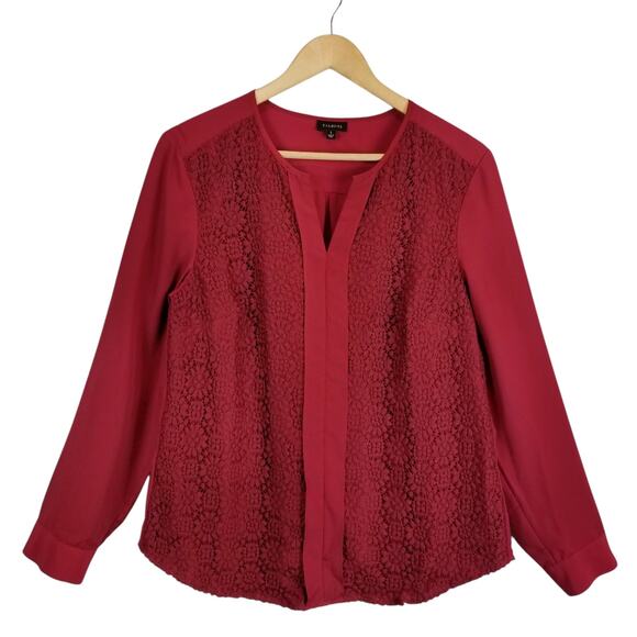 Talbots Women's Popover Burgundy Red Career Office Lace Long Sleeve Blouse Large - Picture 1 of 6